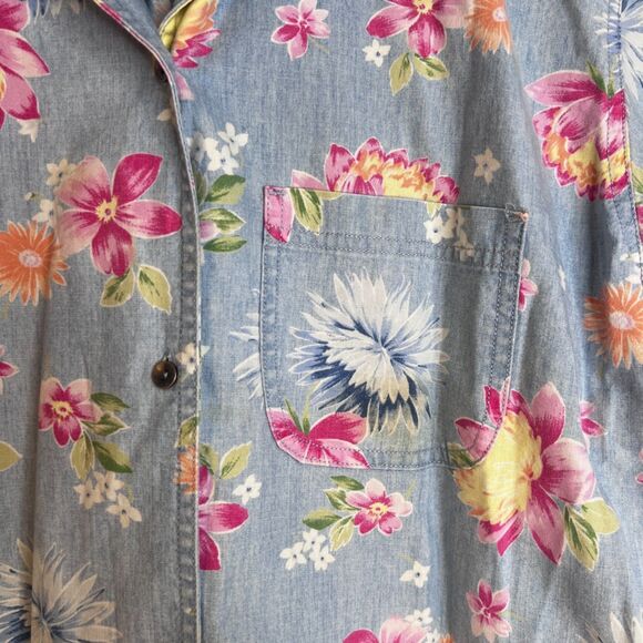 Liz Claiborne Floral Denim Shirt 100% Cotton Cottage Core Boho Size XL Button Up - Picture 5 of 9